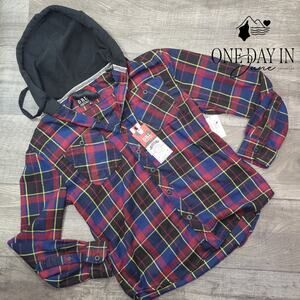 DRL Essentials Hooded Button Front Flanel Shirt Size S